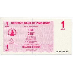 ZIMBABWE 1 Cent  31 Juillet 2007  Pick 33