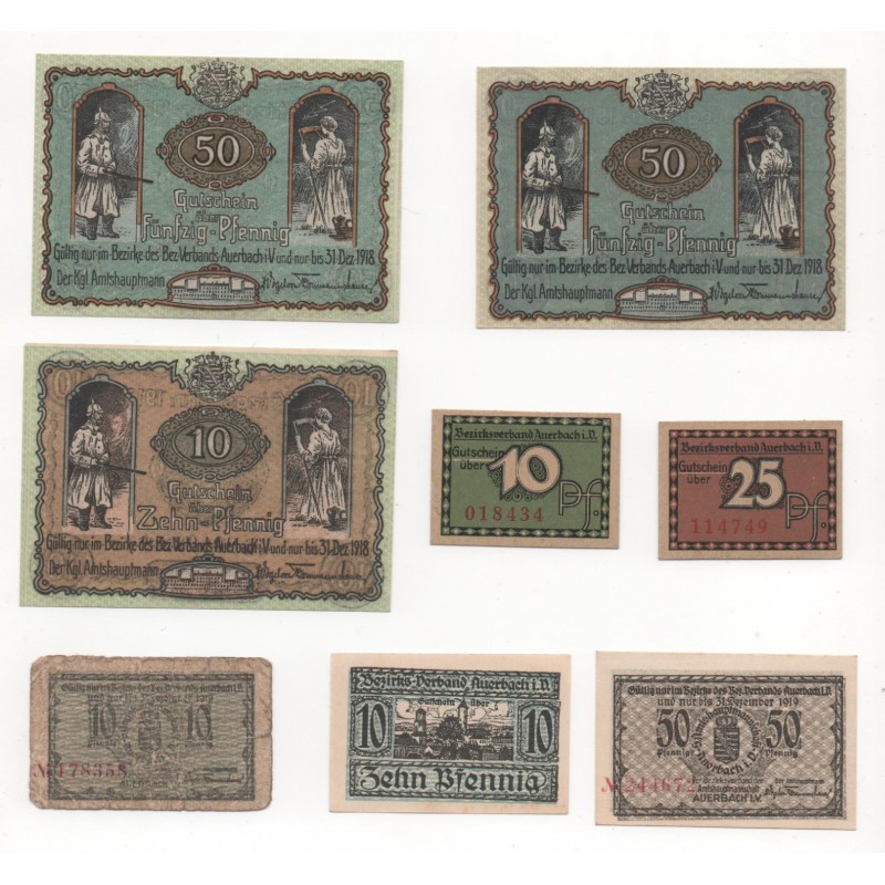 NOTGELD - AUERBACH - 8 different notes - 10 & 25 & 50 pfennig - 1918 (A076)