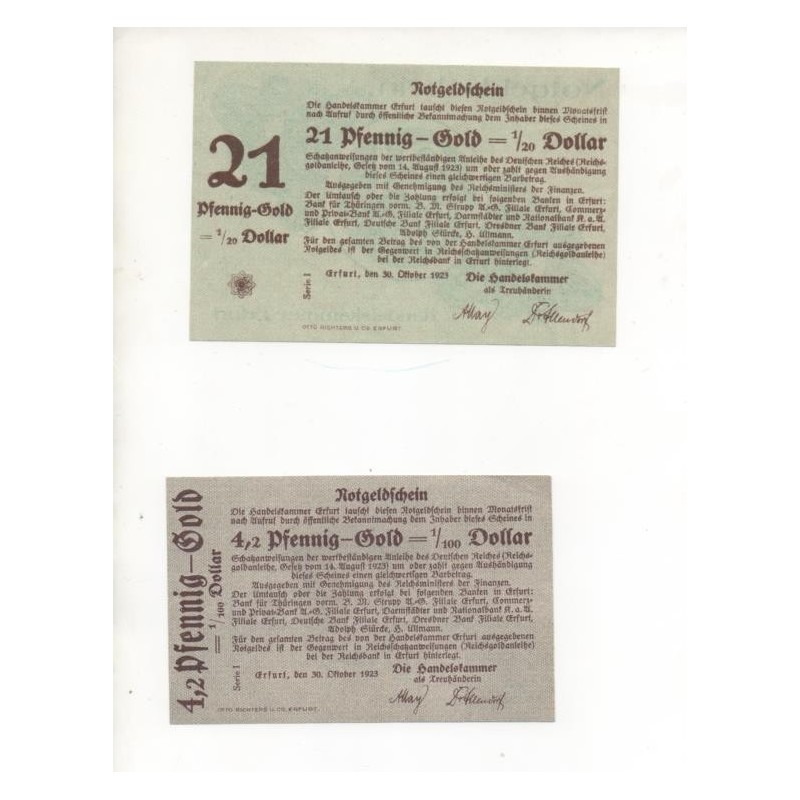 NOTGELD - ERFURT - 2 different notes - 4,2 & 21 pfennig GOLD - 1923 (E048)