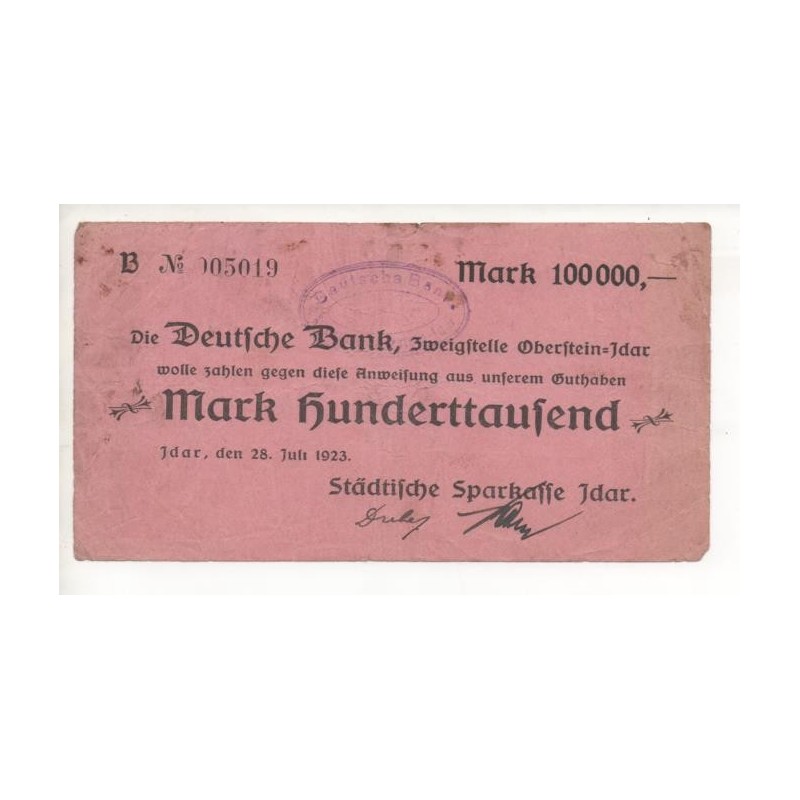 NOTGELD - IDAR - 100,000 mark - 1923 - SANS ETOILE (I002)
