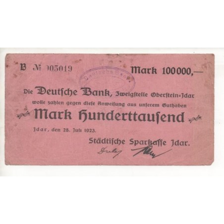 NOTGELD - IDAR - 100,000 mark - 1923 - SANS ETOILE (I002)