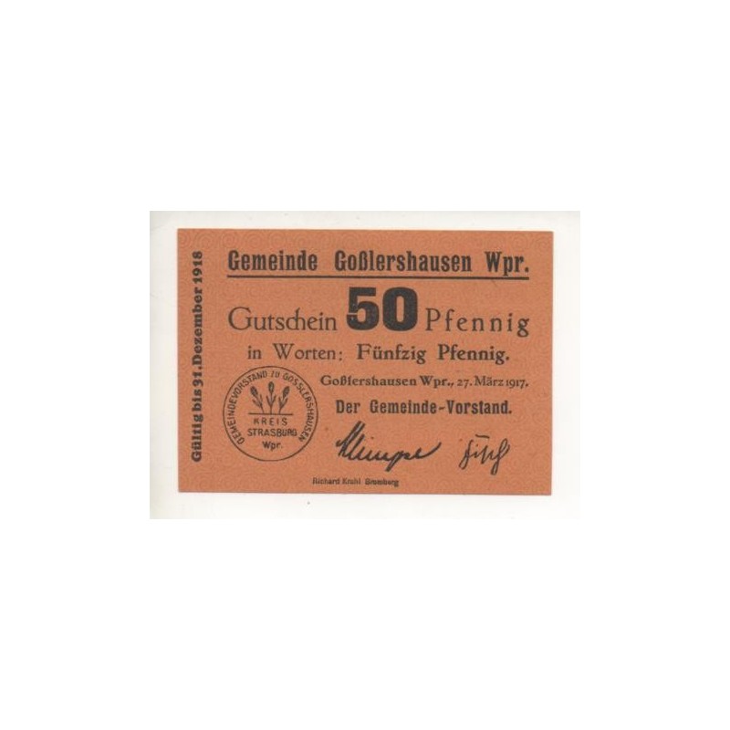 NOTGELD  GOSLERSHAUSEN - 50 pfennig - RARE - 1917 (S137)