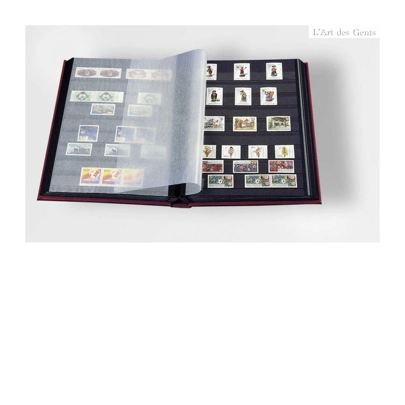 Classeur à bande pour timbres COMFORT Bleu, 32 pages noires, couverture ouatinée simili cuir Leuchtturm-lartdesgents