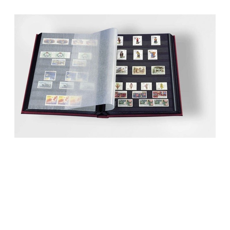 Classeur à bandes pour timbres COMFORT Bordeaux, 32 pages noires, couverture ouatinée simili cuir Leuchtturm-lartdesgents
