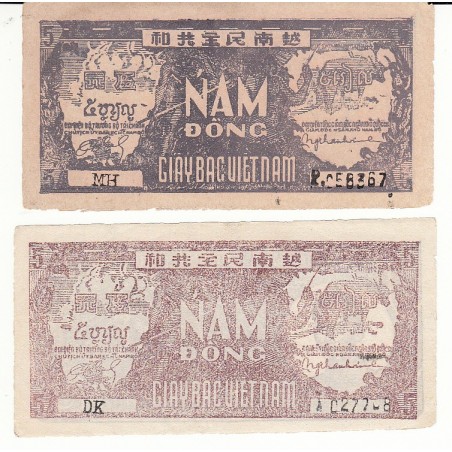 VIETNAM lot 2 billets de 5 dong 1948