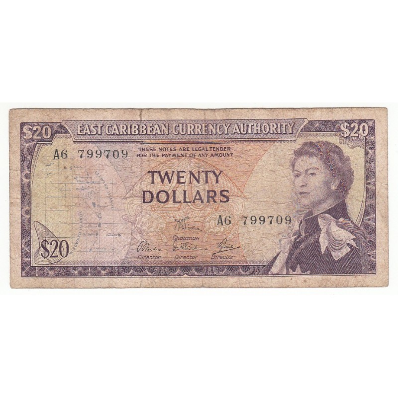 Eastern Carribean, CARAÏBES 20  DOLLARS 1965 TB, Grenada Pick 15i