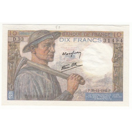 10 Francs MINEUR 26-11-1942 P/NEUF Fayette: 8.6