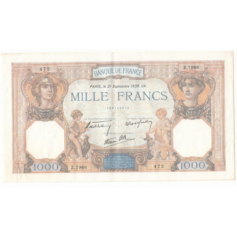 LOT DE 2 BILLETS 1000 Francs CERES ET MERCURE  21-09-1939 SUP Fayette 38.37