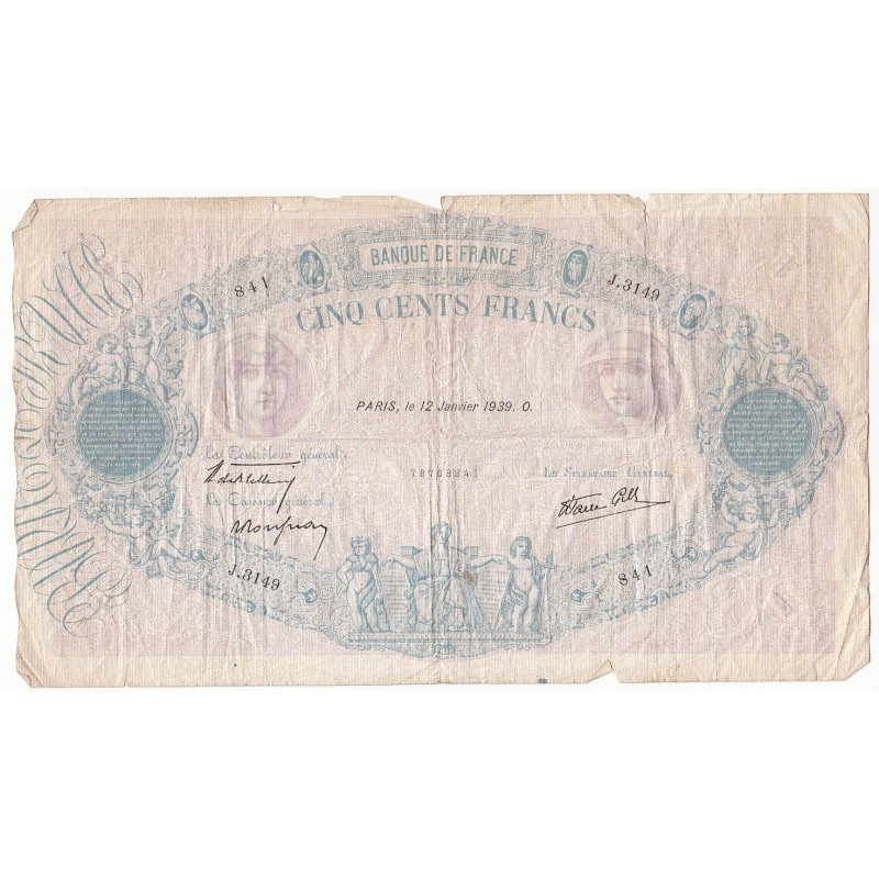 500 Francs FRANCS BLEU ET ROSE 12-01-1939 Fayette 31.22