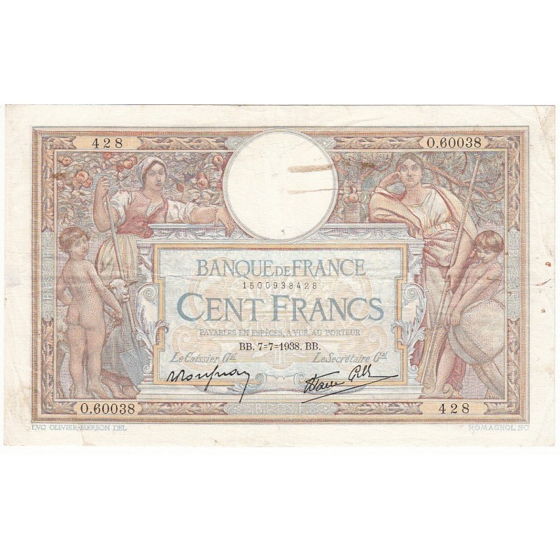 100 Francs LUC OLIVIER MERSON 07-07-1938 Fayette 25.25