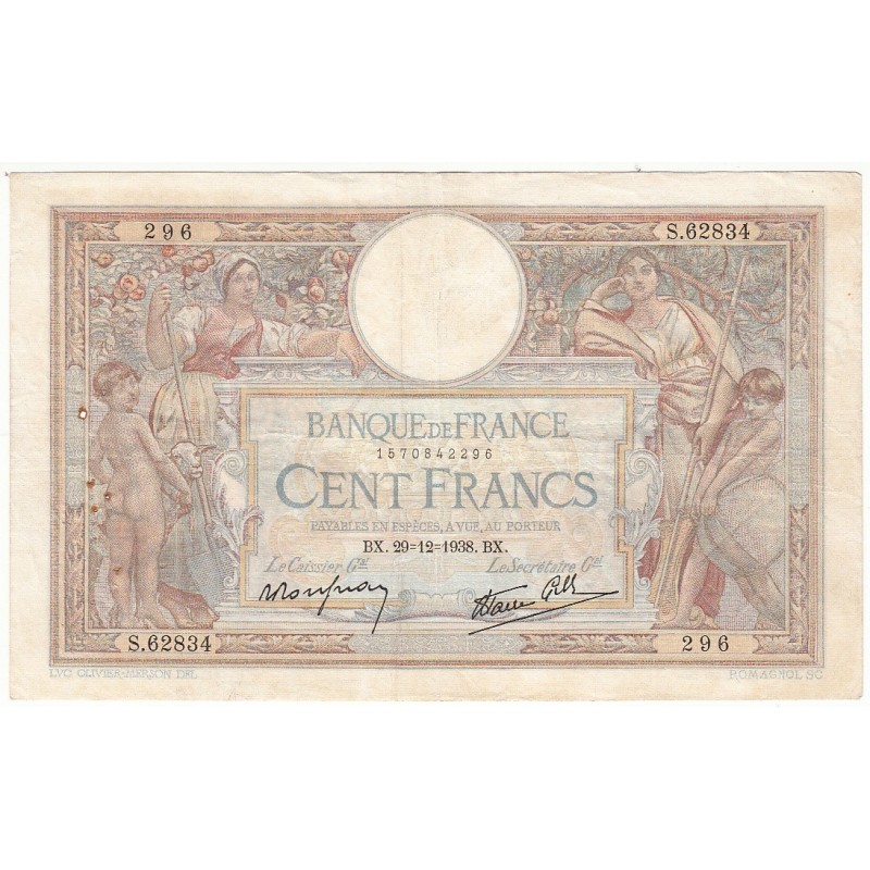 100 Francs LUC OLIVIER MERSON 29-12-1938 Fayette 25.37