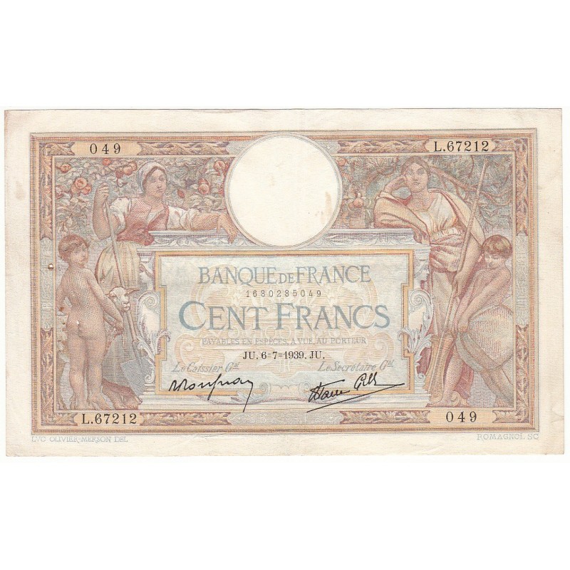 100 Francs LUC OLIVIER MERSON 06-07-1939 Fayette 25.48