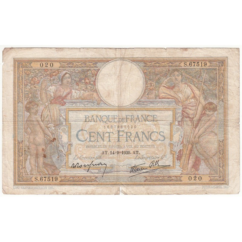 100 Francs LUC OLIVIER MERSON 14-09-1939 Fayette 25.49