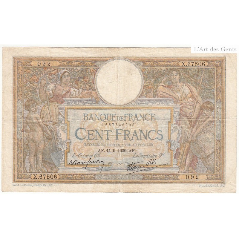 100 Francs LUC OLIVIER MERSON 14-09-1939 Fayette 25.49