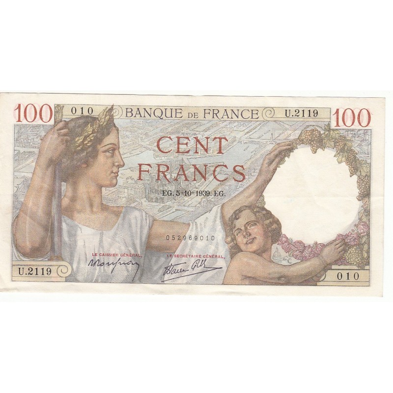 100 Francs SULLY 5-10-1939 TTB+  Fayette 26.9