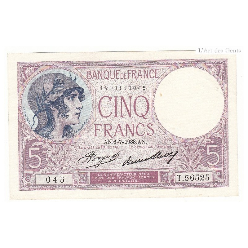 5 FRANCS VIOLET 06-07-1933  SPL +  Fayette 3.17