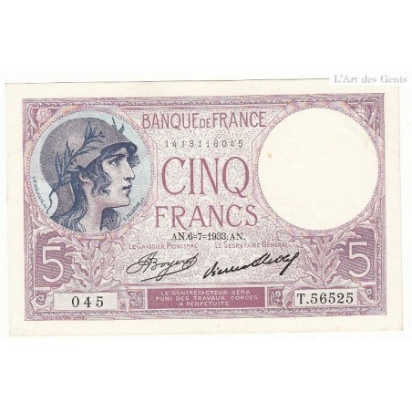 5 FRANCS VIOLET 06-07-1933  SPL +  Fayette 3.17