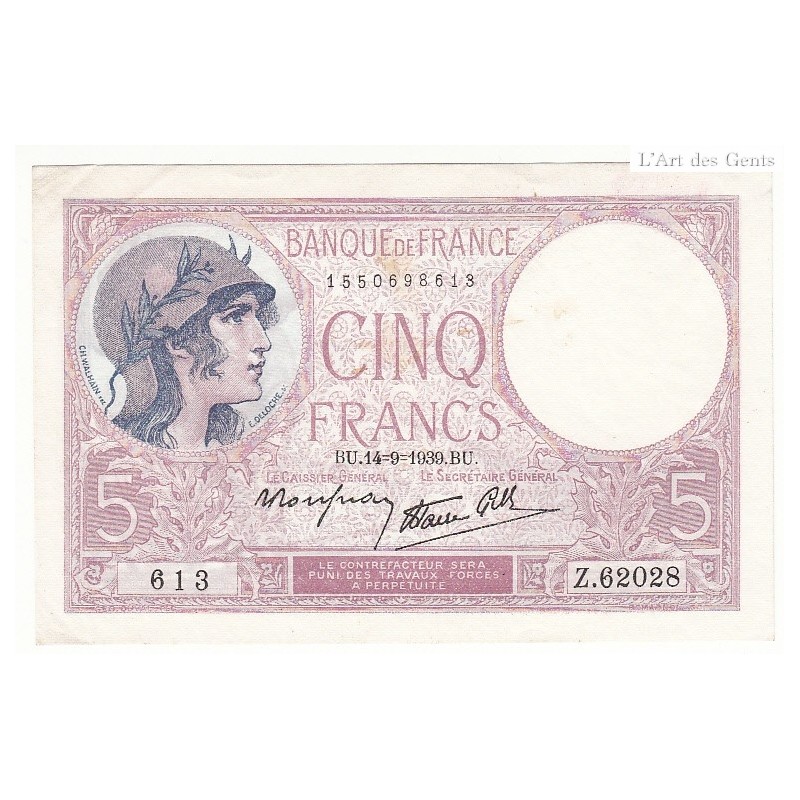 5 FRANCS VIOLET 14-09-1939 SPL  Fayette 4.8