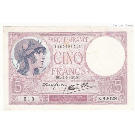 5 FRANCS VIOLET 14-09-1939 SPL  Fayette 4.8