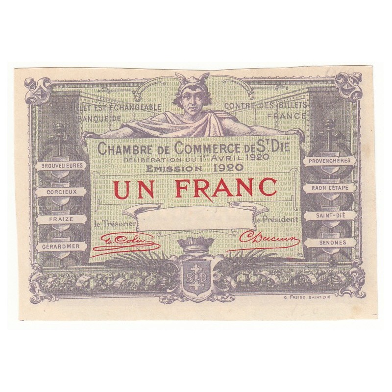 BILLET DE NECESSITE SPECIMEN 1 FRANC  1920 CHAMBRE DE COMMERCE DE SAINT DIE
