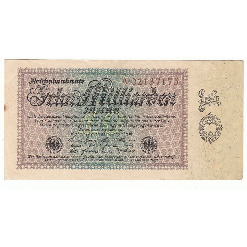 10 Milliarden Mark 15 Septembre 1923 Ros 113