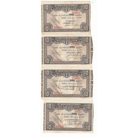 ESPAGNE LOT 4 BILLETS 10 PESETAS 1937 Signatures différentes