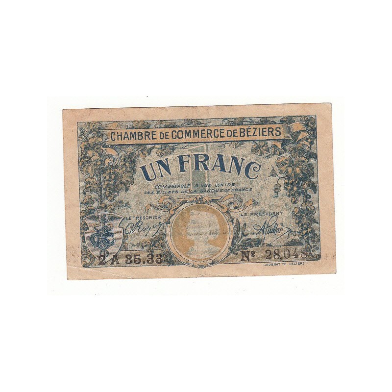 1 Franc Chambre de Commerce Béziers 1922 TTB