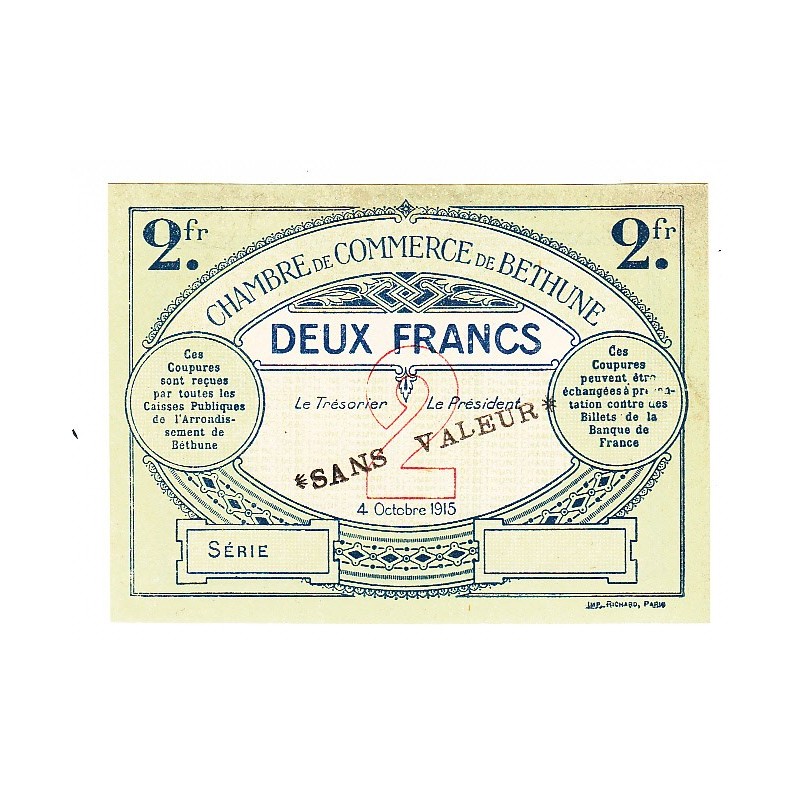 2 Francs Chambre de Commerce Béthune 1915 SPECIMEN P/NEUF