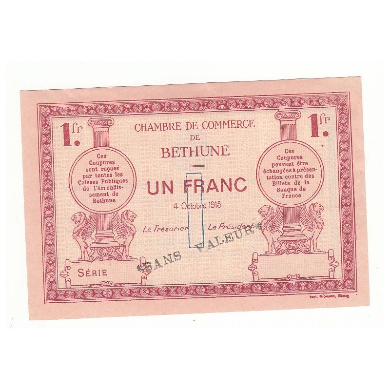 1 Franc Chambre de Commerce Béthune 1915 SPECIMEN p/NEUF