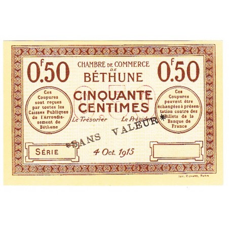 50 Centimes Chambre de Commerce Béthune 1915 SPECIMEN NEUF