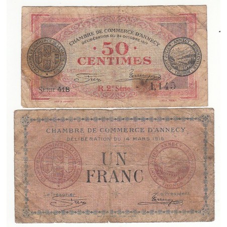 Lot de 2 Billets Chambre de Commerce  d'Annecy 1916-1917