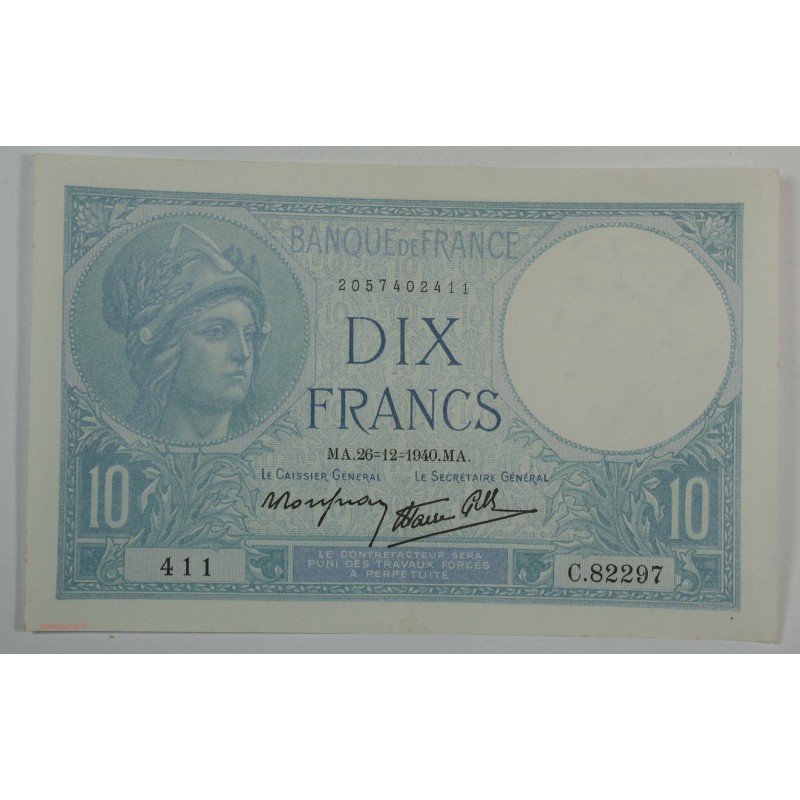 10 Francs MINERVE du 26-12-1940 Sup+