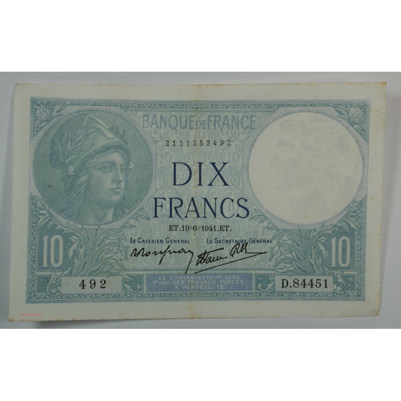 10 Francs MINERVE du 19-6-1941 ttb+