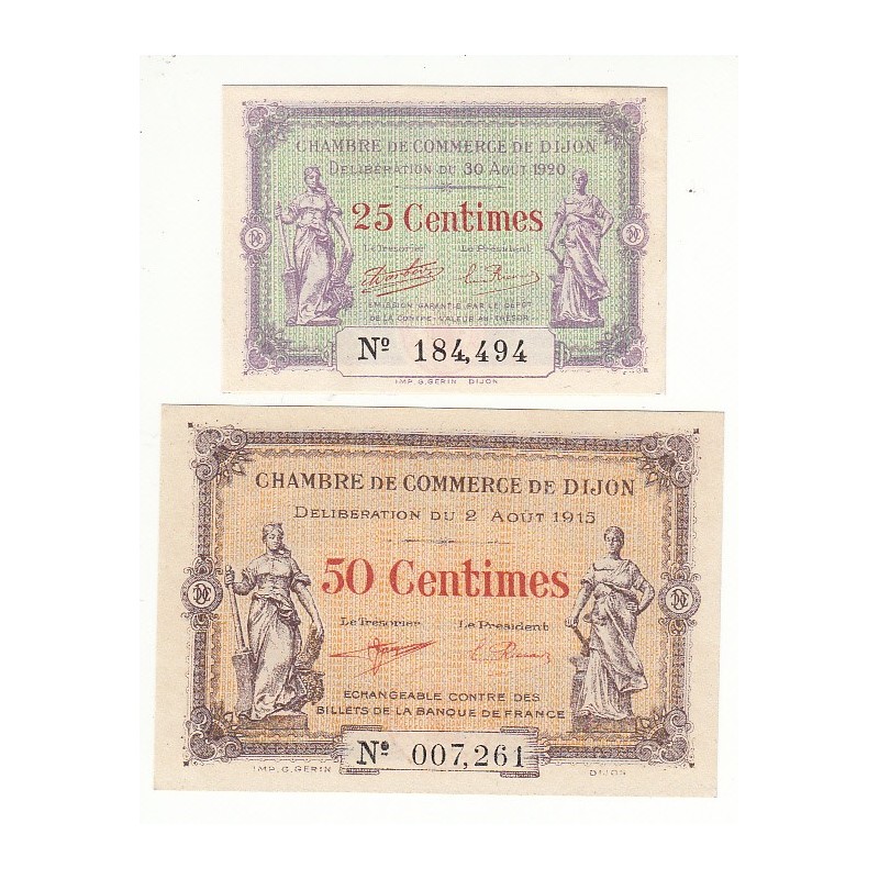 Lot de 2 billets Chambre de Commerce de Dijon Neuf Pirot 1 et 23