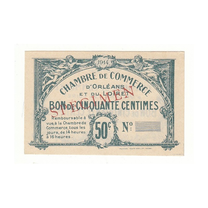 50 Centimes Chambre de Commerce d’Orléans et Loiret Spécimen 1914 Pirot 1