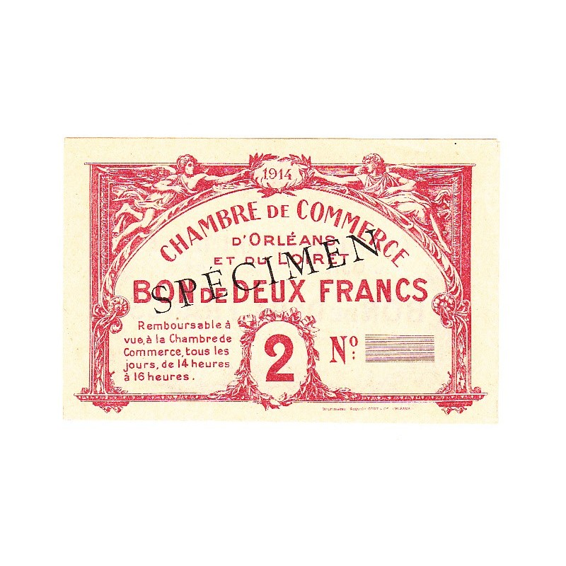 2 Francs Chambre de Commerce d’Orléans et Loiret Spécimen 1914 Pirot 3