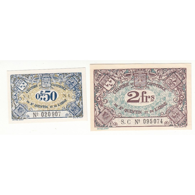 2 fRS ET 50 Cmes Chambre de Commerce de SAINT QUENTIN 1925 NEUF Pirot 1 et 8