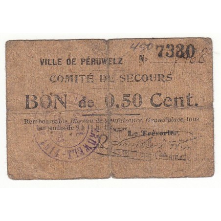 BON DE 50 CENTIMES COMITE DE SECOURS VILLE DE PERUWELZ 1914