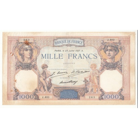 1000 FRANCS CERES  ET MERCURE 23 Juillet 1927 TB vendu