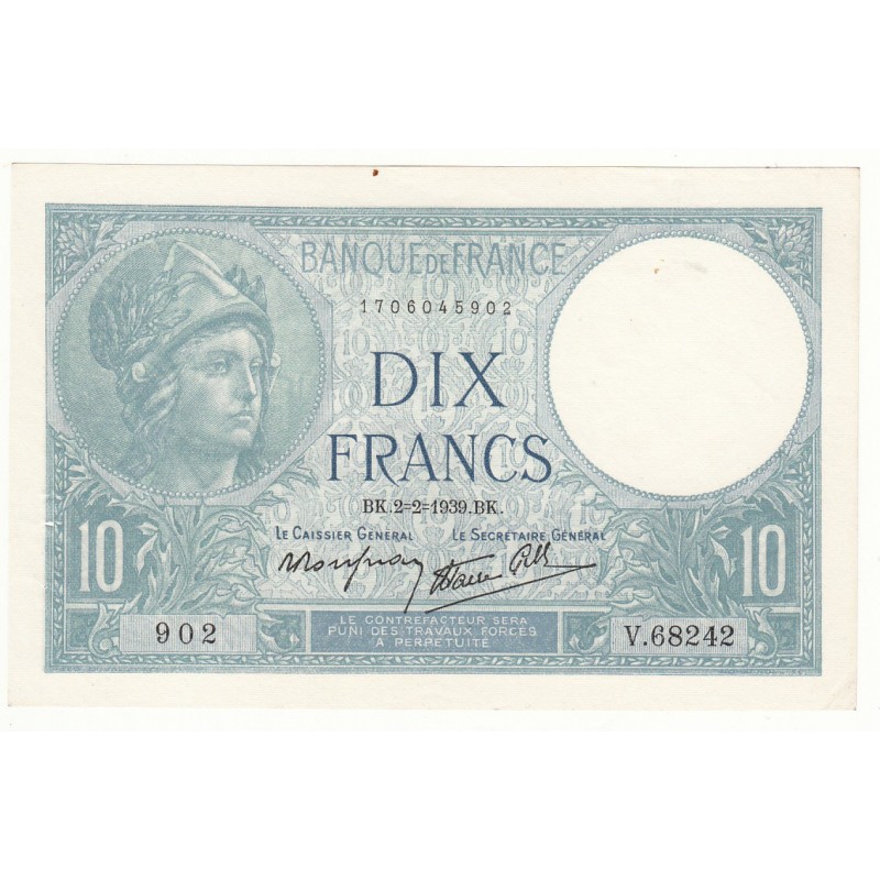 10 FRANCS MINERVE 2 Février 1939 SUP+ vendu