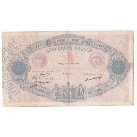 500 Francs BLEU ET ROSE 09-04-1927 TB Billet entier Fayette 30.30