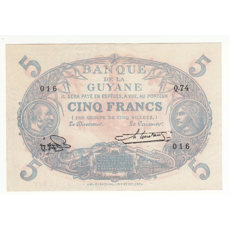 French Guiana, GUYANE 5 Francs CABASSON  SUP  K.2015 1946