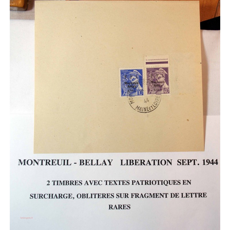 Libération Montreuil-Bellay - 1944 2 Timbres a/ texte patriotiques sur fragment
