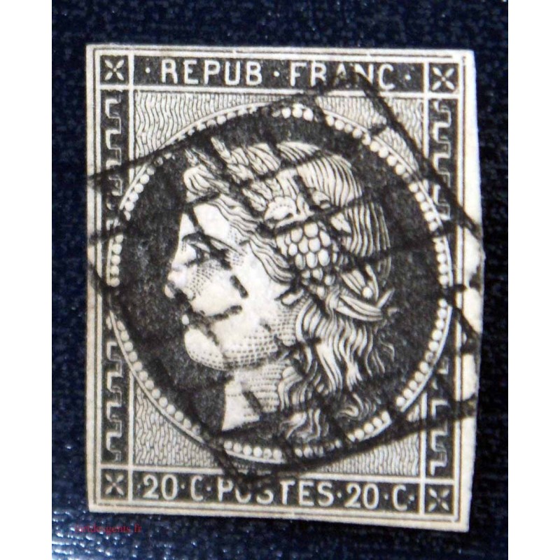1849 - 1850 20 c noir Ceres N° 3 obl grille