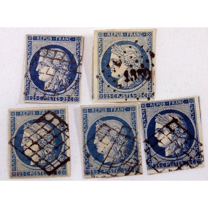 1849 - 1850 lot de 5 x 25 c bleu clair et foncé Cérès N° 4 oblitéré