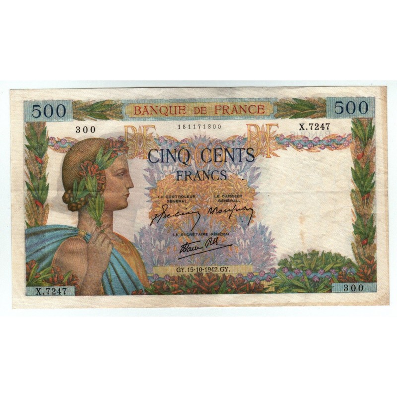 LA PAIX - 500 Francs 15-10-1942 TTB