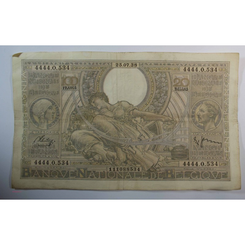Banque BELGIQUE 100 Francs 20 Belgas 25-07-1938