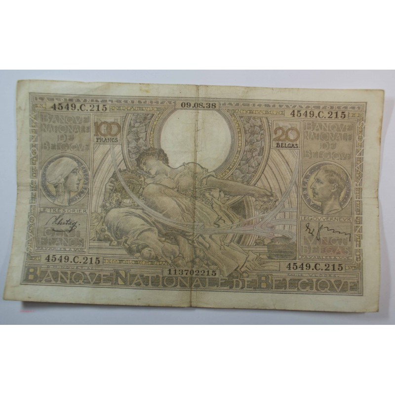 Banque BELGIQUE 100 Francs 20 Belgas 09-08-1938