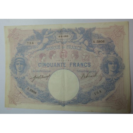 Billet de 50 FRANCS Bleu et rose 4-1-1915 Fay. 14.28 TTB