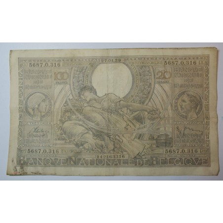 Billet de Belgique 100 Francs ou 20 Belgas 27-01-1939